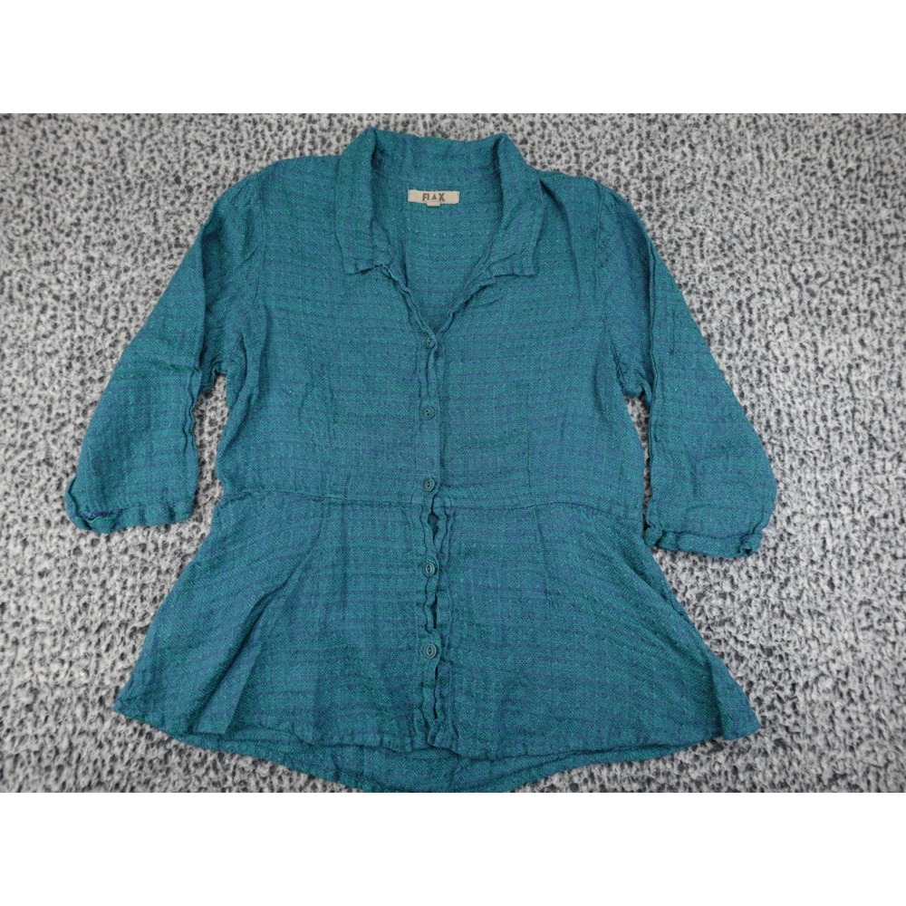 FLAX Button Down Peplum Blouse Womens Medium Teal Purple Textured Linen‎ Blend